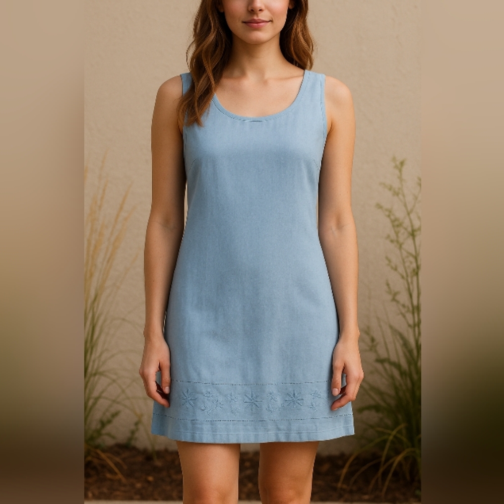 Y2K Old Navy 100 Linen Mini Shift Dress  Blue Embroidered Hem Boho Cottage Sz 2